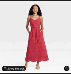 Universal Thread Red Cotton Eyelet Smocked Midi Sundress V-Neck Pockets L