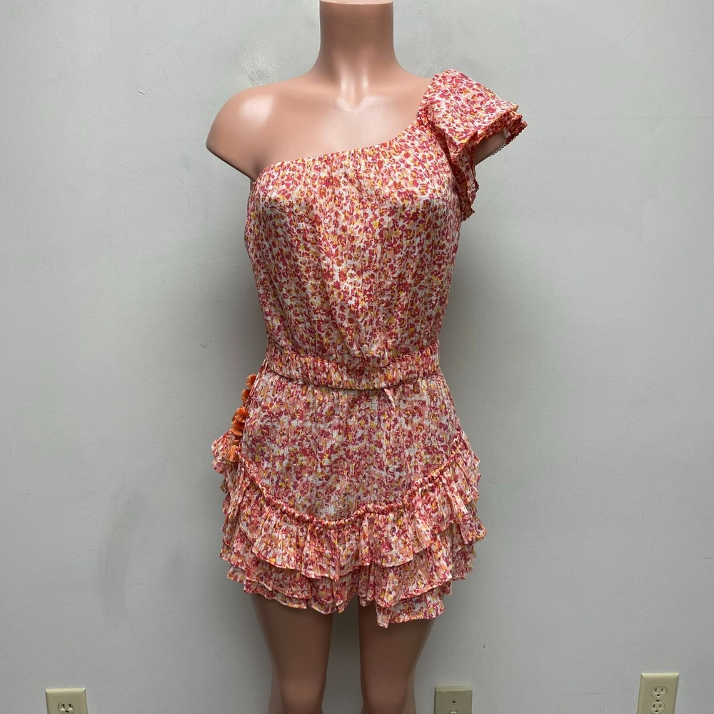 Poupette St Barth Womens Red Floral One Shoulder Kaia Ruffle Tiered Mini Dress S