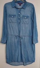Gloria Vanderbilt Ashleigh Denim Shirt Dress Roll Tab Sleeve Drawstring Waist M