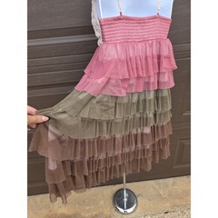 J Gee Boho Crochet Tiered Ruffle Mini Dress Pink Green Brown Mesh Festival Sz M