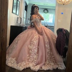 Princess Pink Quinceanera Dresses Lace Applique Sweet15 16 Prom Party Ball Gowns