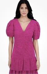 kensie Embroidered Layered Puff-Sleeve Maxi Dress Women&rsquo;s 12 Hot Pink Back Zip