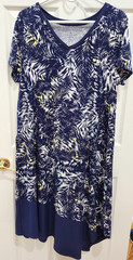 Cuddl Duds Asymmetric Dress Sz L Navy Blue Palm Leaf Pattern Short Sleeve EUC