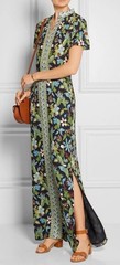 Tory Burch Dress Garden Wisteria Maxi 100% Silk Floral Mandarin Collar Sz 0 XS