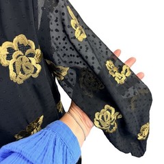 Cabi Occasion Dress in Swiss Dot Black Gold Rose Embroidered Size Small 3697