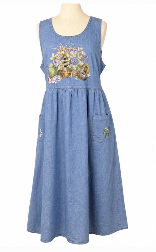 Vintage Cottagecore Denim Garden Dress Floral Bird Jumper Pockets Tie Back