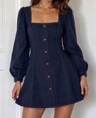 DArk~ Blue Denim Square Neck Puff Sleeve Mini Dress. None Stretch M