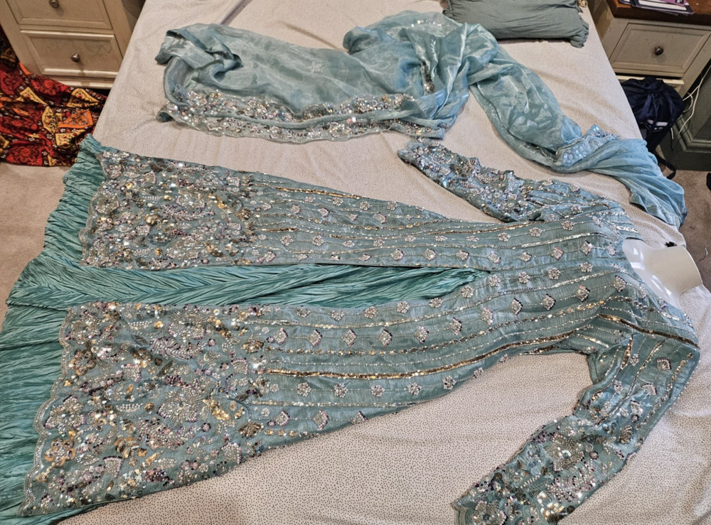 Pakistani Embroidered Anarkali beaded Dress gown Suit Aqua Blue Party Wedding