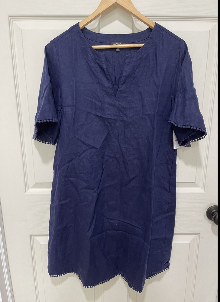 Lord & Taylor Navy Blue Linen Shift Dress With Pom Pom Trim Size S NWT