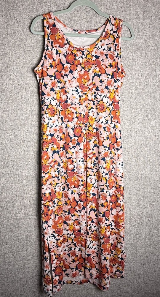 Lands&rsquo; End Orange Blue Floral Sleeveless Cotton Shelf Bra Maxi Tank Sun Dress M