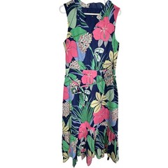 Talbots Womens 10 Tropical Floral Sleeveless Midi Dress Navy Pink Ruffle Cotton