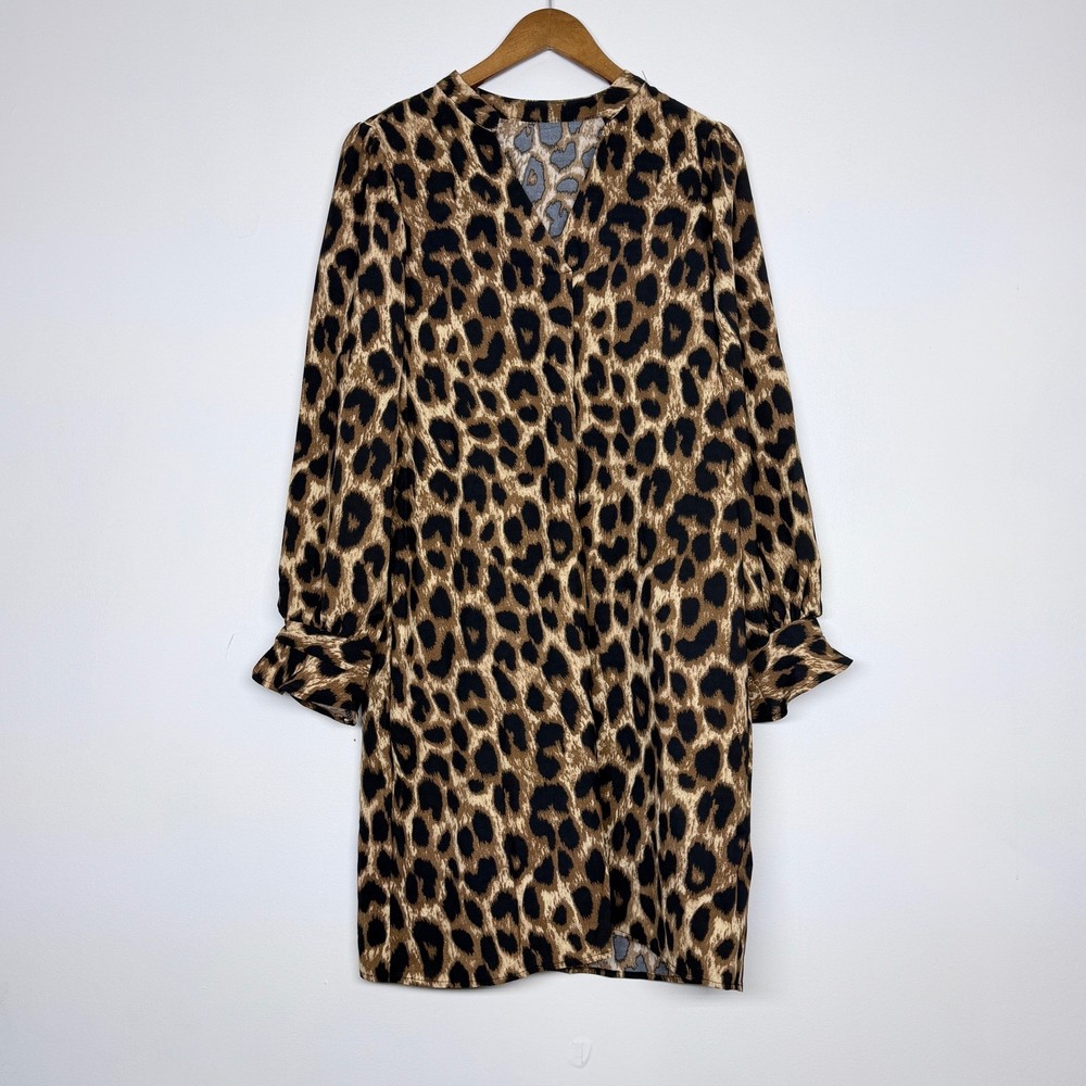 Leopard Print Split V-Neck Shift Dress with Flared Cuffs Brown Black