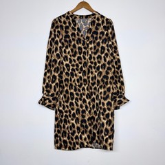 Leopard Print Split V-Neck Shift Dress with Flared Cuffs Brown Black
