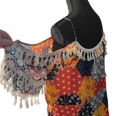 Boho patchwork off shoulder dress with fringe hem. 2XL