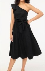 J. Crew Factory One Shoulder Ruffle Midi Dress Crisp Black Cotton Size 2P NEW