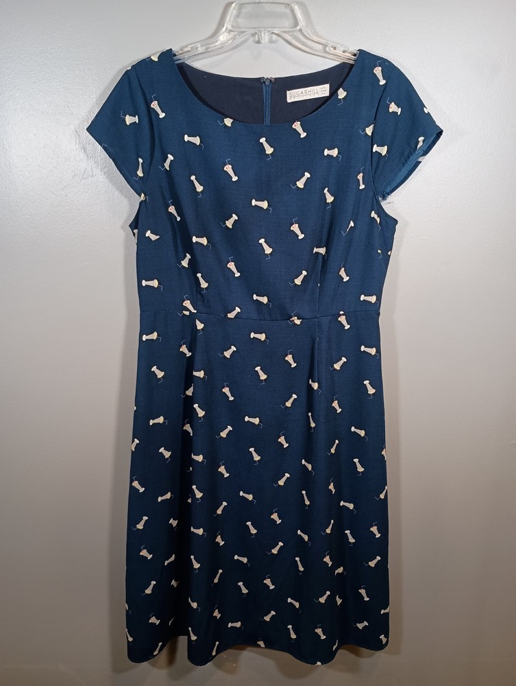 ModCloth Sugarhill Cap Sleeve Milkshake Navy tea length A Line Dress Size 10
