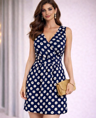 Navy Blue White Floral Skater Mini Dress 8 10 Chiffon V Neck Daisy Summer Party