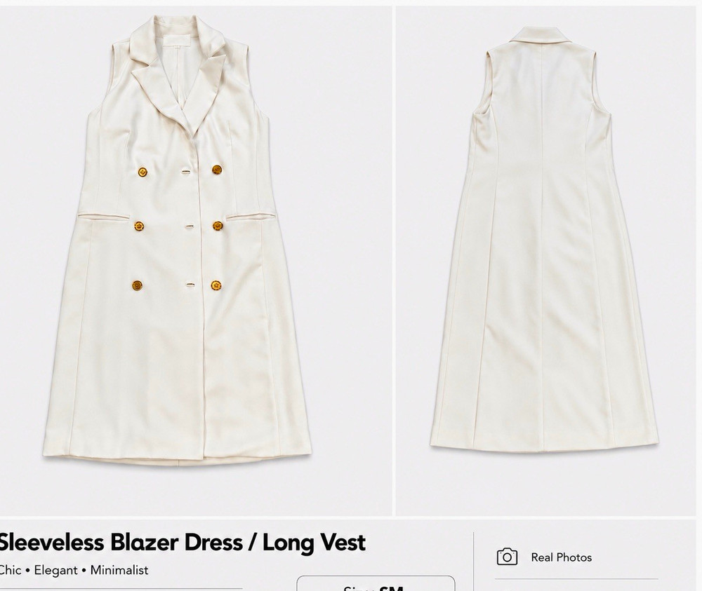 Ivory White Solid Sleeveless Long Blazer Dress Collared Gold Buttons SM
