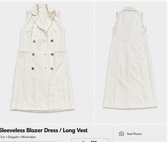 Ivory White Solid Sleeveless Long Blazer Dress Collared Gold Buttons SM
