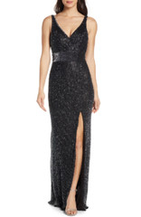 MAC DUGGAL 1070L Black Gunmetal Goddess Beaded Sequin V-Neck Hi-Slit Maxi Gown 6