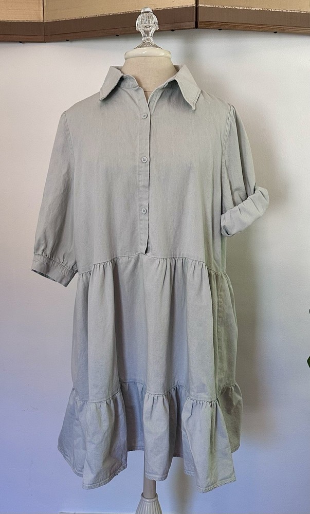 Esther & Co Light Blue Cotton Chambray Tiered Short Dress Women&rsquo;s XXL/16