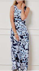 Talbots Jewel Line Sleeveless Blue / White Paisley Jersey Maxi Dress – Womens L