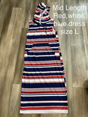 Women’s Red White Blue Striped Midi Tank Dress Sleeveless Polyester Size L