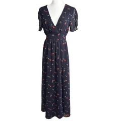Madewell Navy Blue Floral V-Neck Maxi Dress Short Flutter Sleeve Size 00