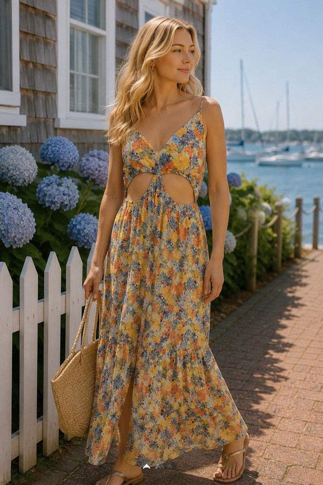 Abercrombie & Fitch Floral Cut-Out Maxi Dress XXL Orange Yellow Blue Tiered