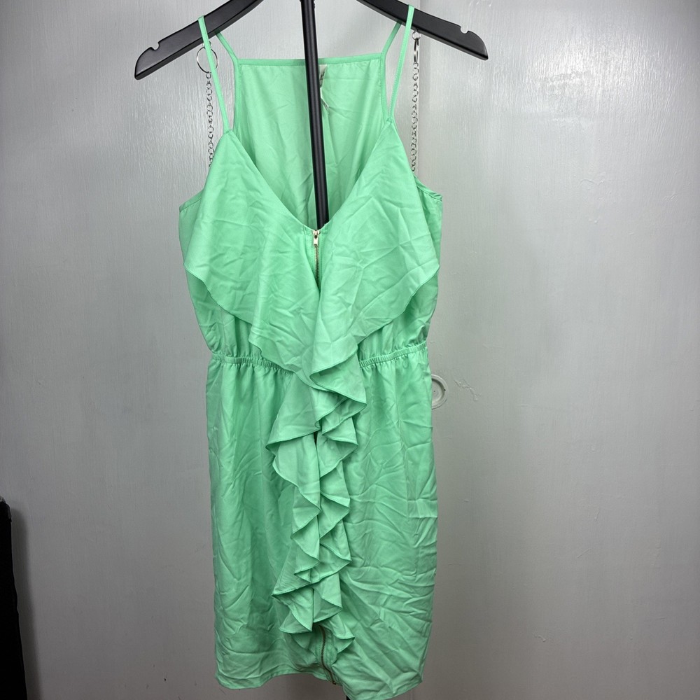 Pink Owl Green Women Dress Medium Ruffle Full Front Zip Sleeveless V Neck Lined