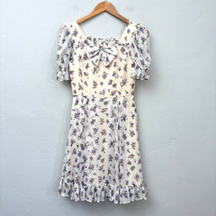 Ivy City Co Floral Dress Women Size 4 White Purple Blue Flowers Cottagecore Bow