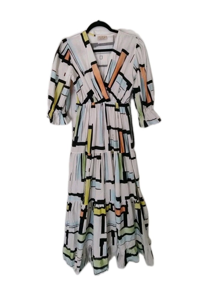 Sofia Italy Midi Dress Tiered White Blue Green Yellow Cotton V Neck Black S M