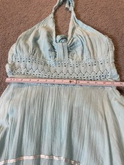 Halter Neck Handkerchief Hem Dress Sz M Lace Trim Blue Crinkled Rayon Lagenlook