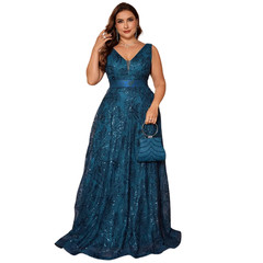 Plus Size Luxury Deep V neck Sequin Evening Dress Elegant V – back Long Formal