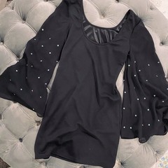 Black Mini Dress with Sheer Chiffon Silver Sequined Bell Sleeves Size Small