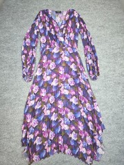 The Kooples V-Neck Asymmetric Midi Dress Size 1 (US 2-4) Purple Floral Pleated