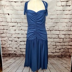 Vera Wang Blue Ruched Drop Waist Bubble Hem Mermaid Midi Formal Dress Size 8