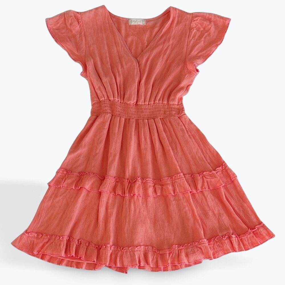 🌸Altar&rsquo;d State Coral Tiered Mini Dress Ruffle Sleeve Boho Sundress Fit & Flare