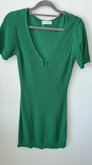 Lost + Wander Green Ribbed Knit V-Neck Short Sleeve Bodycon Mini Dress S
