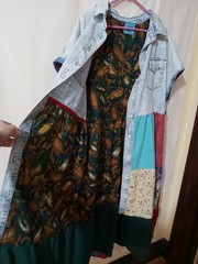 Rainbow Dragon upcycled dress patchwork OOAK 1XL- 2XL (chest 52&Prime;) cross-stitch