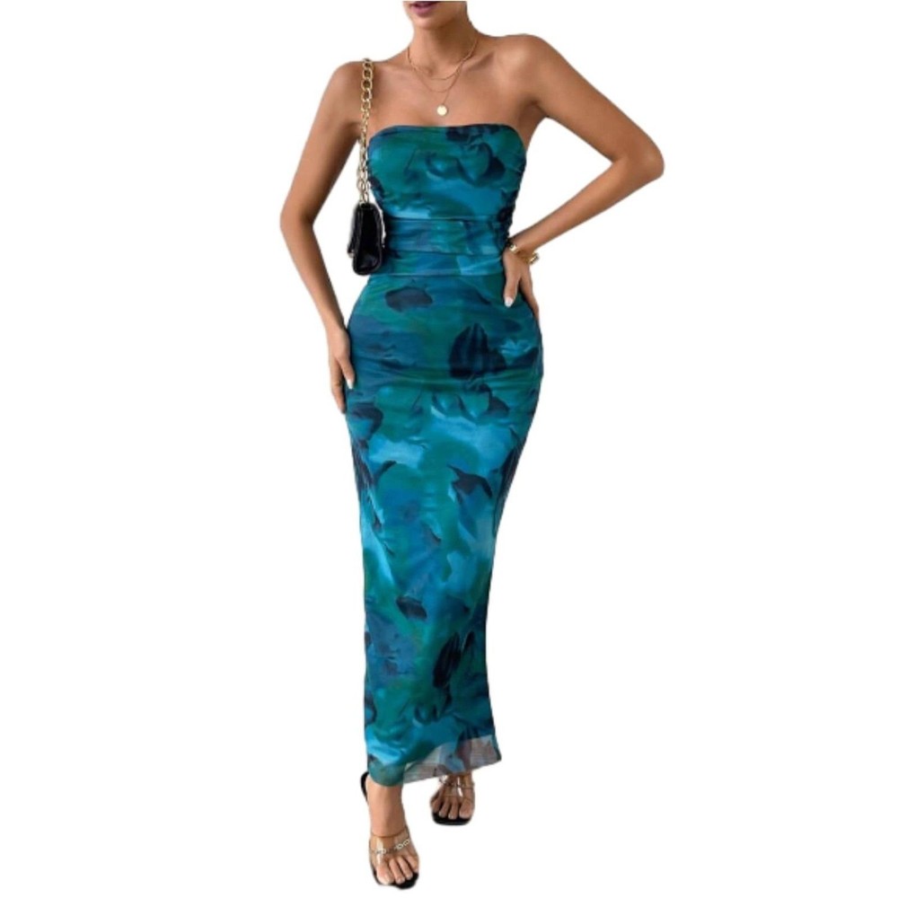 Printed Strapless Bodycon Side Slit Mesh Layered Dress, sz xs, 4H-143D017