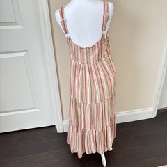 Linda Anderson Tiered Maxi Dress M BOHO Striped Cotton Metallic Thread Coastal