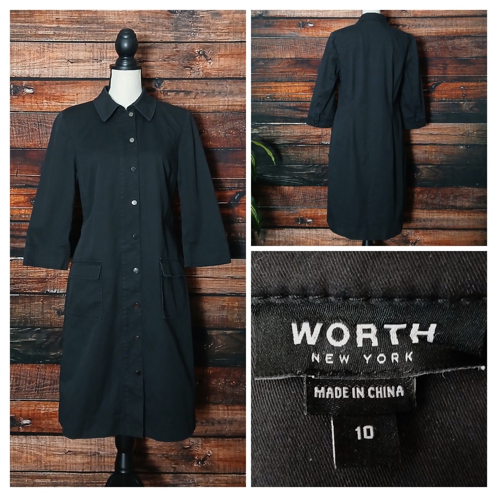 Worth New York Shirt Dress Size 10 Black Cargo Pockets Snap Front Cotton