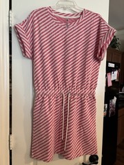 Lou & Grey Women&rsquo;s M Striped Terry T-Shirt Dress Drawstring Waist Red/White