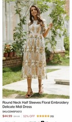 White Gold Green Floral Lace Midi Dress Round Neck Half Sleeve Zip Size M