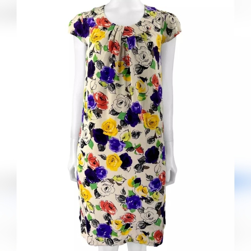 Kate spade 100% silk cream, green, red, yellow baby doll dress size M medium