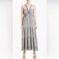 Max Studio Boho Tiered Halter Maxi Dress, XL Geometric Print Ruffle Straps