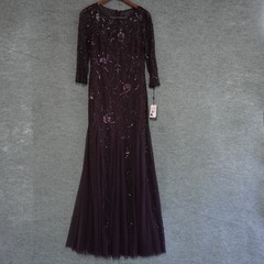 Adrianna Papell Gown 10 Night Plum Beaded Mesh Evening Dress 3/4 Sleeve AP1E2086