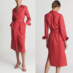 Reiss NWT Emily Linen Blend Coral Red Long Sleeve Shirt Midi Dress S (4)
