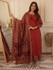 BOHO EMBROIDERED COTTON KURTI PANT DUPATTA SET WOMEN 3PC POCKET SUIT SIZE 3XL UP